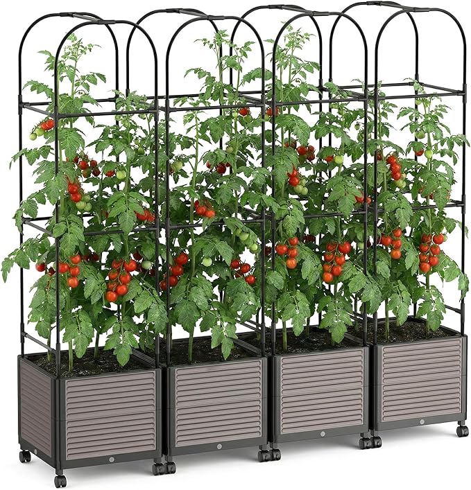 Raised Garden Bed Planter Box with Trellis, 61''H Tomato Planters for Climbing Plants Vegetable Vine Flowers Outdoor Patio Tomato Cage, Self Watering Planter with Wheels