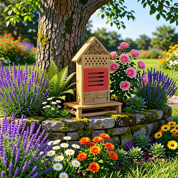 AUNMAS Wooden Bee House, Attracts Pollinators with Tubular Tunnels, Durable Platane Wood Garden Decor, 19.5x3.8x29.8cm Humidity for Bees