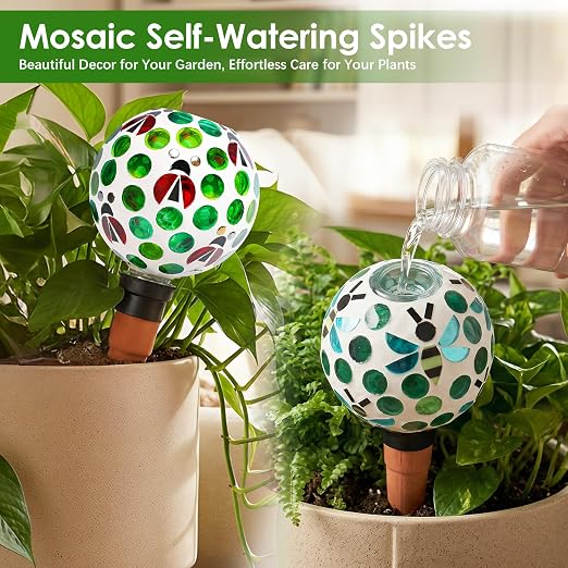 Terracotta Plant Watering Globes Mosaic Self Watering Spikes 2 Pack for Indoor Outdoor Plants Automatic Plant Waterer Plant Watering Devices for Garden Home Decor