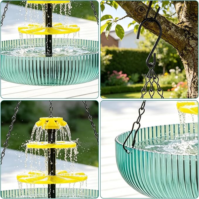 3-Tier Hanging Solar Cascading Bird Bath Fountain, 16.4FT/Extra Long Cord Solar Cascading Bird Bath Fountain for Garden Patio Yard Hummingbirds & Wild Birds