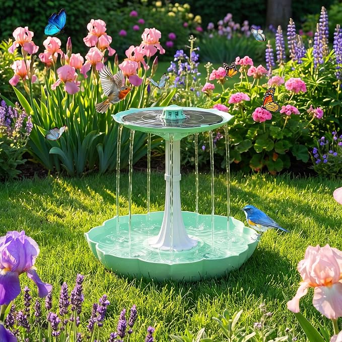 Solar Power Bird Bath Fountains Pump, Blue 2-Tier Cascade Water Feature for Outdoor Garden, Outside Pedestal Birdbath Kit for Yard Decoration & Wild Birds Feeding
