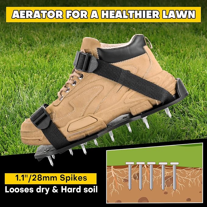 Lawn Aerator Shoes with 1.1''Spikes | Aerating Sandals with Adjustable Hook & Loop Straps, Spike Shoes for Epoxy Flooring, One-Size-Fits-All Yard Garden Grass Soil Aeration Tool (Black)