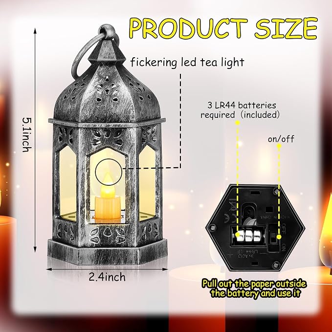 Hortsun 24 Pcs Vintage Lanterns Mini Lantern for Wedding Table Centerpiece Retro Decor with LED Candle Battery Powered Hanging for Medieval Wedding Cowboy Halloween Party Decoration Supplies(Silver)