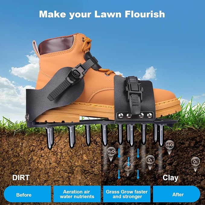 Lawn Aerator Shoes, Aerator Shoes with Adjustable Loop Strap and Snap-On Buckle, with 26 Stainless Steel Nails Lawn Aerator Shoes for Lawn Soil Aeration for Patios, Gardens, Lawns (Black)