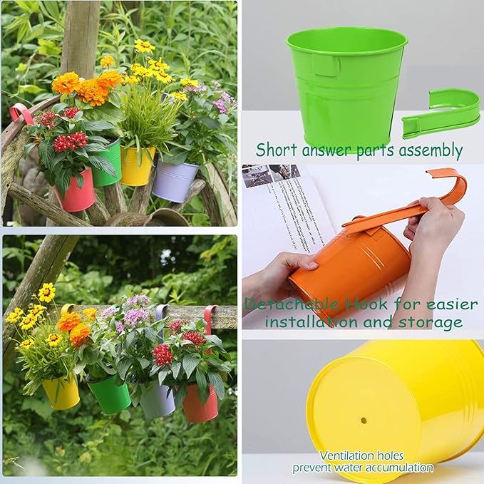 Railing Planters with Drainage Holes, 10 Pack 6.3" x 4.7" x 5.3" Iron Hanging Flower Pots with Removable Hooks for Balcony Fence Garden Suitable Indoor Outdoor, Plant Hanger, 10 Colors