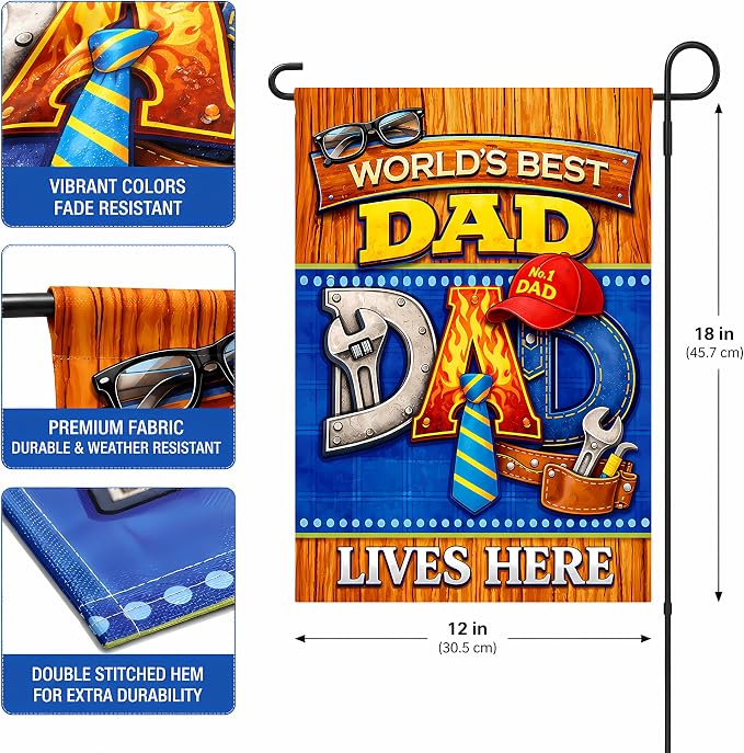 Fathers Day Decorations - WORLD'S BEST DAD Garden Flag | Dad Gifts for Fathers Day | Double Sided Father's Day Garden Banners for Outdoor Outside Patio Lawn Home Patry Decor