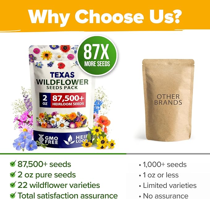 HOME GROWN Texas Wildflower Seeds Bulk Mix | 87,500+ Non-GMO Perennial Flower Seed for Attracting Bees, Birds & Butterflies | 22 Varieties for Full Sun & Shade Gardens | 2 oz