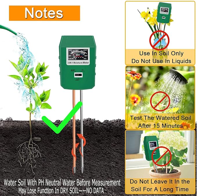 Soil Test Kit for Moisture, pH& Sunlight Meter,3 in 1 Soil Tester for Plant, Vegetables, Garden, Lawn, Farm, Indoor/Outdoor Use (No Battery Need) (Green 2.0)
