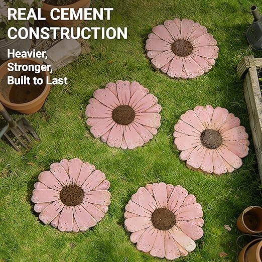 Heavy Duty Concrete Stepping Stone 10 Inch Daisy Design, Non Slip Garden Pathway Stone for Outdoor Walkway Yard Patio Lawn (Pink)