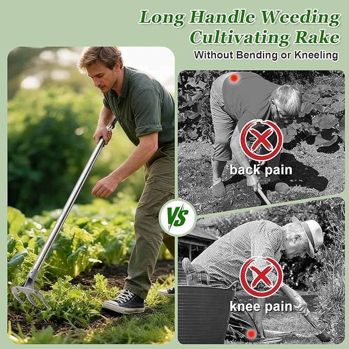 COCONUT 50” Long Handle Weeding and Cultivating Rake, 3-Tine Garden Rake for Stand Up Gardening, No Bending or Kneeling to Loosen Soil, Heavy Duty Steel with D-Grip Handle