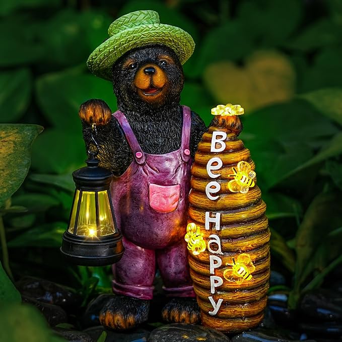 Joint Honglin Solar Black Bear Garden Statue with Lighted Beehive & Lantern, Resin Bear Holding Honey Bee Hive, Outdoor Waterproof Solar Garden Decor, Yard Lawn Patio Porch Farmhouse Decoration