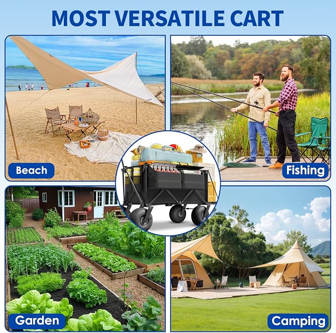 Beach Wagon with Big Wheels for Sand - 450lbs Load Heavy Duty Wagons Carts Foldable with 9" All Terrain Inflatable Tires, Collapsible Beach Cart for Grocery Shopping Garden Sports Camping Outdoor