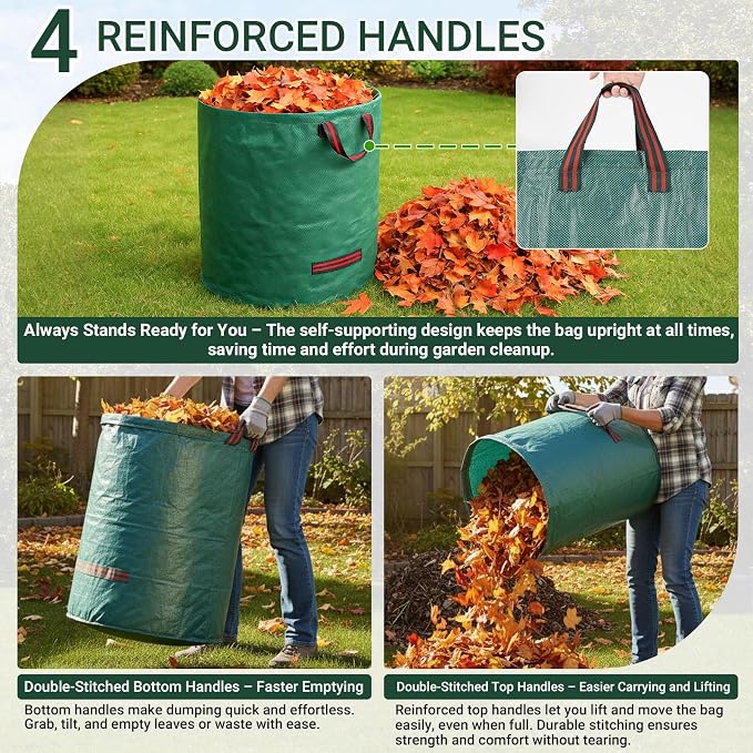 Velway Reusable Yard Waste Bags -132 Gallon 2-Pack Extra Large Heavy Duty Garden Leaf Bags with 4 Reinforced Handles, Standable Collapsible Lawn Bags with Plastic Ring for Leaves, Grass & Debris