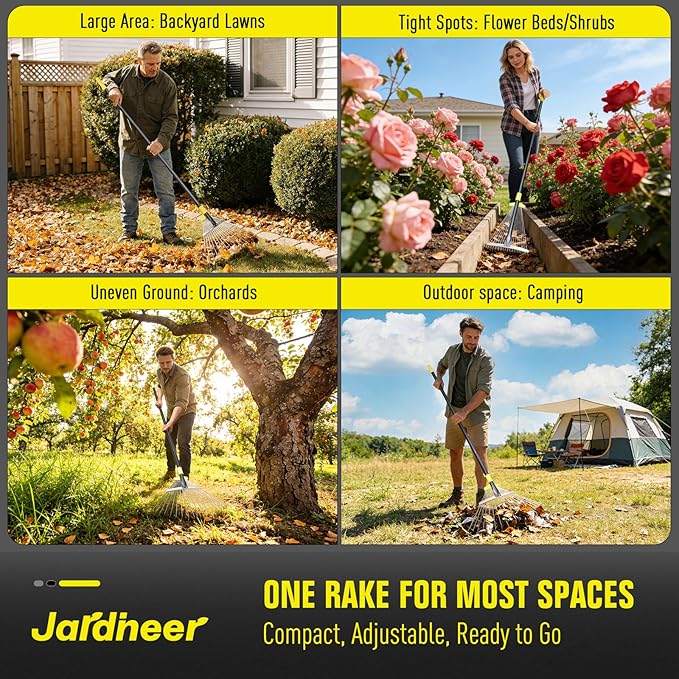 Jardineer Garden Rake for Leaves - Adjustable Metal Leaf Rake with Expandable Head and 59 Inch Long Handle, Rake for Camping, Debris, Tight Spaces and Yard Waste Removal