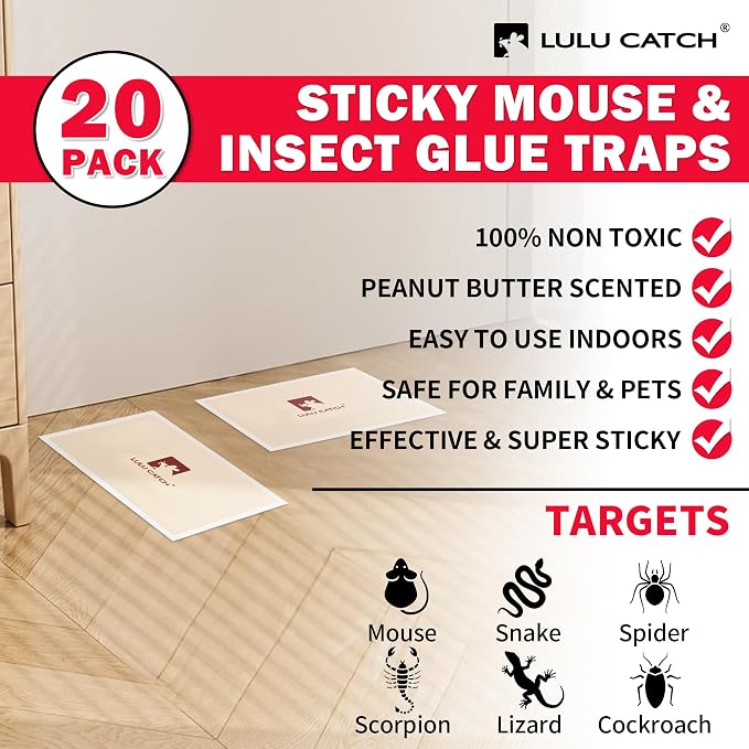 LULUCATCH Mouse Traps, 20 Pack Pre-Baited Sticky Mouse Traps Indoor for Home, Non-Toxic Bulk Sticky Pads, Glue Traps for Rats, Bugs, Spider, Mice, Cockroach, Pet Safe, Easy to Use