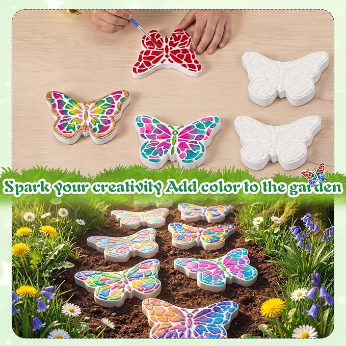Lewtemi 8 Pcs Paint Your Own Stepping Stones for Craft, DIY Plaster Stepping Stones Garden Decor Painting Art Set for Art Class, Summer Activities & Home Decor (Butterfly)