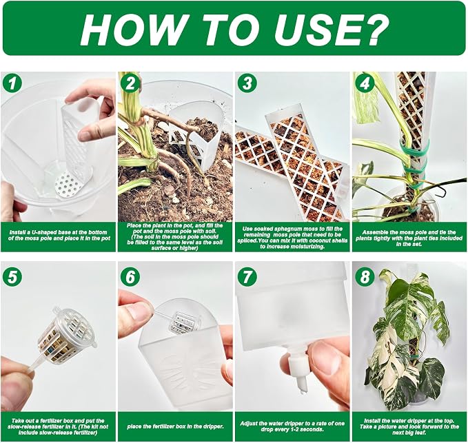 4 Psc 9 Inch D Shaped Moss Pole with Watering Dripper, Plastic Moss Poles for Climbing Plants, Sturdy Monstera Plant Support, Self Watering Moss Pole Kit for Plants Indoor(Green)