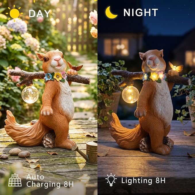 Solar Garden Statue Squirrel with Hanging Globe Light, Garden Decor for Outside, Yard Decorations Outdoor for Patio Porch, Housewarming Gifts for Women & Grandma