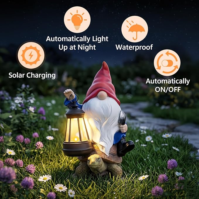 Solar Garden Gnome Statue with LED Lantern, Funny Gnome Riding Turtle Outdoor Decor for Yard Patio Lawn Balcony Porch, Waterproof Resin Gnome Figurine Home Decoration, Gifts for Women Mom Grandma
