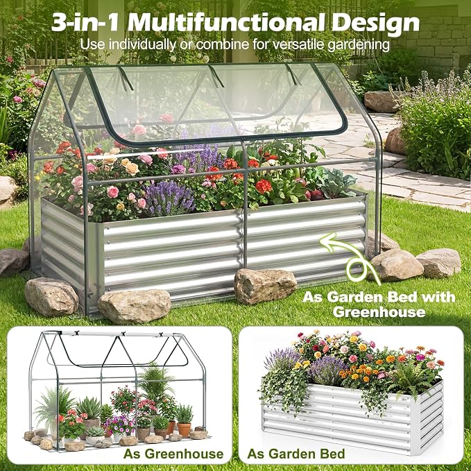 Giantex 3-in-1 Metal Raised Garden Bed with Greenhouse Cover, 6x3x4 FT Galvanized Elevated Outdoor Planter Box with Roll-Up Windows, Open Base Grow Box for Vegetables, Flowers and Herbs, Silver