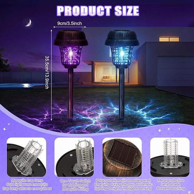 Qualirey 12 Pcs Solar Mosquito Zapper Outdoor Waterproof Solar Powered Bug Zapper Outdoor Mosquito Killer Lamp Trap Repellent Light for Garden Yard Insect (Purple and Colorful Light,Bronze)
