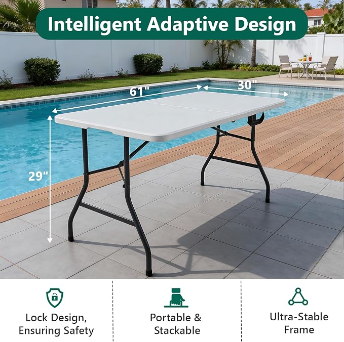 2 Pack Folding Table 5ft - Heavy Duty Plastic Table with Handle, Foldable & Portable, Fold-in-Half Utility Tables for Outdoor, Dining, Wedding, Events, Indoor, Picnic, Camping, Party (White)