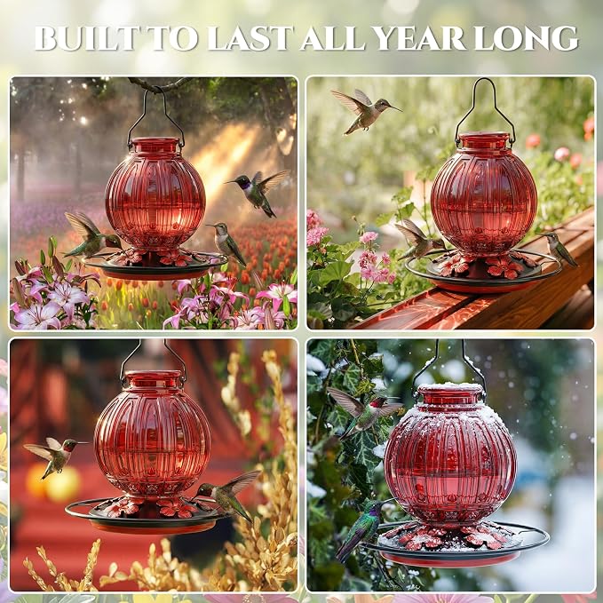 2 Pack Glass Hummingbird Feeder for Outdoors Hanging, Bird Nectar Feeder with Perch & 5 Flower Feeding Ports, 26 Oz Leak Proof for Outside Garden Decor Backyard, Gifts for Women Mom, Red + Purple