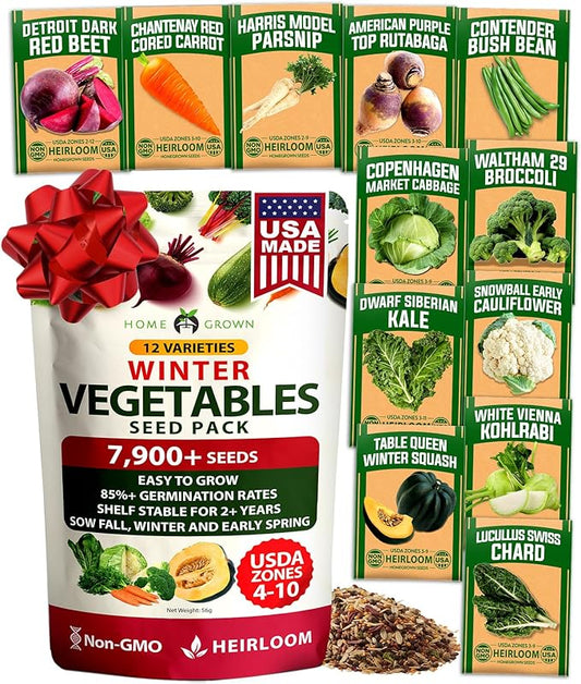 HOME GROWN 12 Winter Vegetable 7,900 Seeds Heirloom,Fall & Vegetable Seeds for Planting Home Garden: Bean, Beet, Broccoli, Cabbage, Carrot, Cauliflower, Kale,Parsnip,Squash,Chard & More