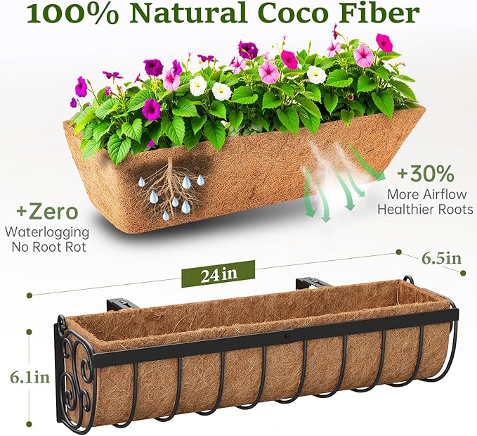 VOXOR Railing Planter Boxes, 24 Inch Window Boxes Planters, Balcony Planters with Adjustable Brackets & Coco Liner for Outdoor Fence, Deck, Porch, and Patio Gardening, 2 Pack