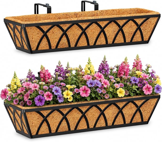 HFHOME 24 inch 2 Pack Railing Planter Boxes, Heavy Duty Window Box Planters, Adjustable Balcony Planters for Railing Hanging, with Coco Liner & Support Rod for Deck, Porch, and Patio Gardening