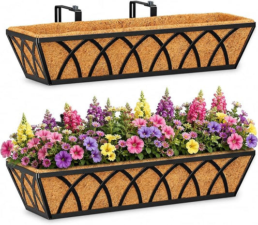 HFHOME 24 inch 2 Pack Railing Planter Boxes, Heavy Duty Window Box Planters, Adjustable Balcony Planters for Railing Hanging, with Coco Liner & Support Rod for Deck, Porch, and Patio Gardening