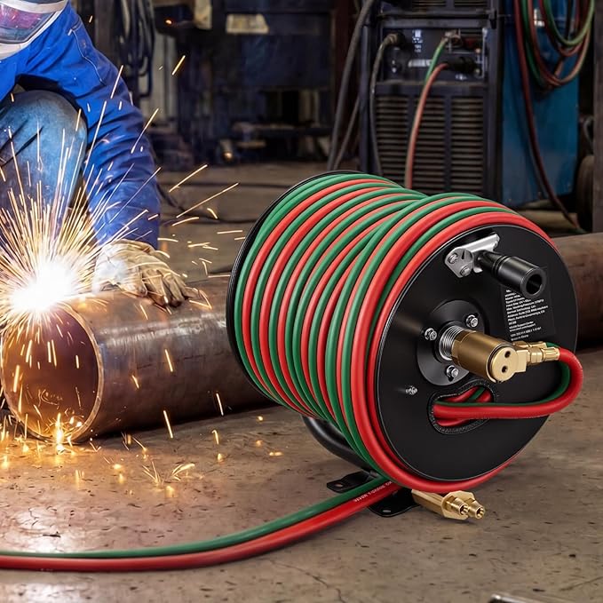 VEVOR Retractable Welding Hose Reel, Hand Crank Manual Rewind Hose Reel with 1/4 Inch x 100FT Twin Oxygen Acetylene Rubber Hose Max 300PSI - T Grade, Ceiling/Wall Mount Steel Reel for Workshop Garages