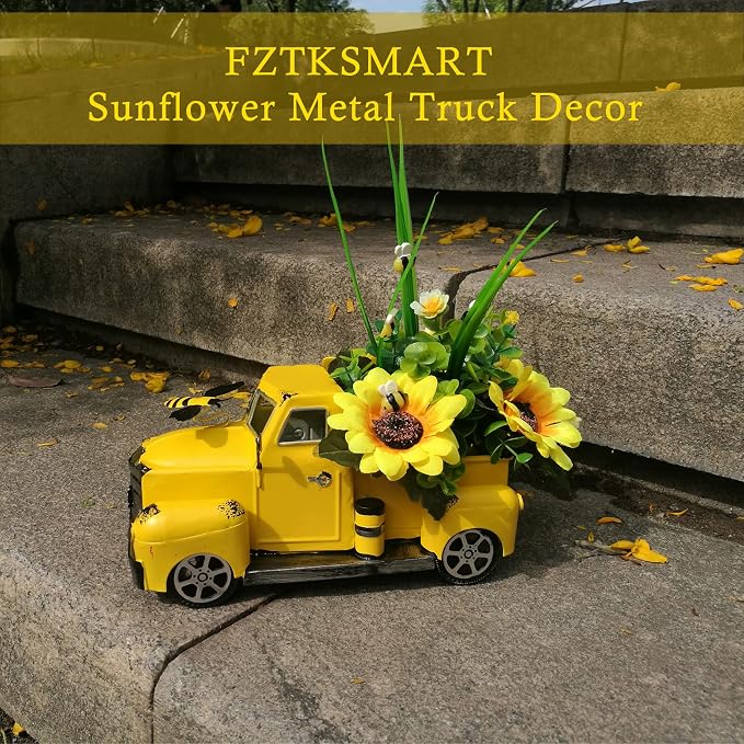 Metal Truck Decor with Sunflowers, Honey Bee, Fall Table Decor for Home, Farmhouse, Vintage Pickup for Living Room, Kitchen Table Centerpiece, Yellow