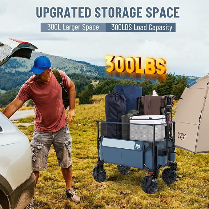 Timber Ridge Foldable Wagon 350L Extendable Height, Large Capasity Collapsible Wagon Cart with All Terrians Detachable Wheels, Compact Folding Utility Wagon for Camping, Fishing, Shopping Navy
