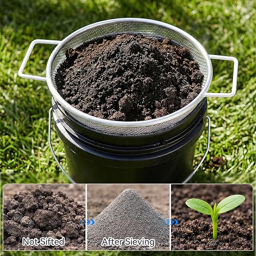 3 Pcs Soil Sifter for Gardening with Handle, 3mm + 6mm + 10mm Mesh Compost Sifters Dirt Sifters, Heavy Duty Rock Sifter for 5 Gallon Bucket, for Compost, Dirt, Rocks, Gravel & Garden