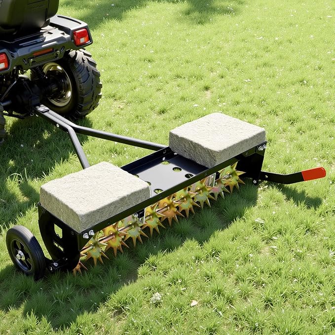 VEVOR Tow Behind Plug Aerator, 40 in Lawn Spike Aerator with Universal Hitch, 150lbs Weight Capacity, Heavy Duty & Rust-Resistant, Pull Behind Aeration Tool with Tray for Farmland & Garden Tractors