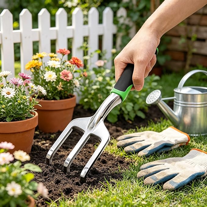 Stainless Steel Garden Tool Set，3 Pieces, Including Hand Shovel & Transplant Shovel & Hand Rake with Non-Slip Soft Ergonomic Handle (Green).