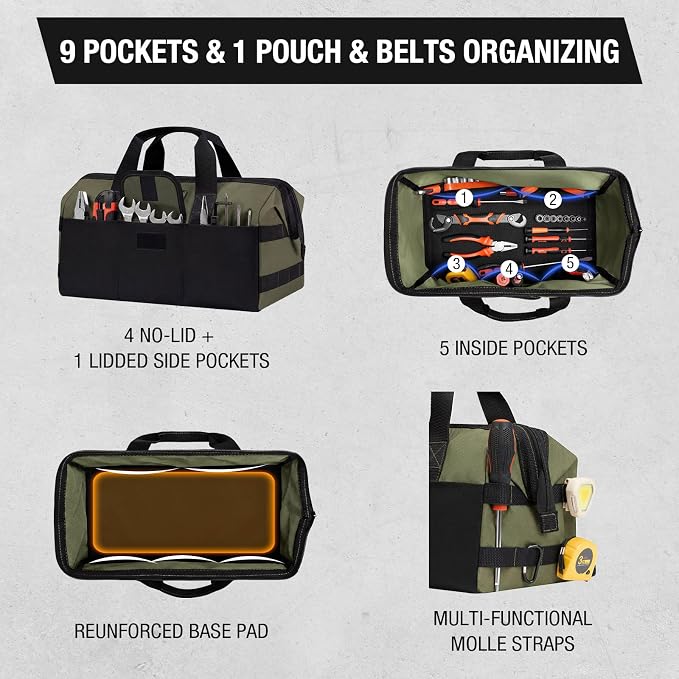 HISEA 3 Pack Heavy Duty Tool Bag with Storage Pockets, 13-Inch Tools Organizer Tote with Wide Base, Waterproof Durable Tool Bags with Zipper for Electrician, Tradesman (Geen)