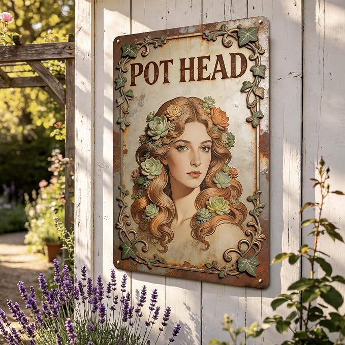 2D Flat Funny Garden Signs, Pot Head Vintage Garden Decor, Outdoor Wall Decor for Patio Yard Greenhouse Home, Waterproof Garden Gifts 8x12 Inch