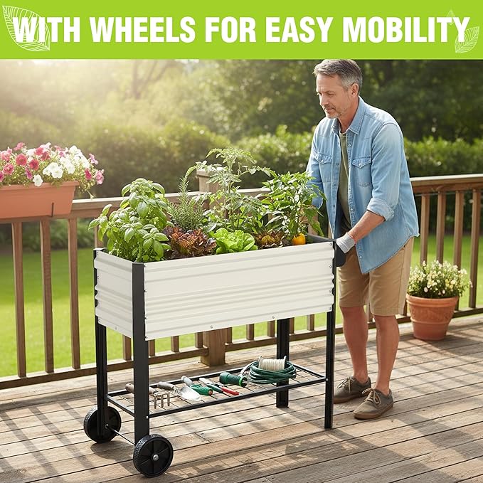 WORKPRO Galvanized Raised Garden Bed with Legs & Wheels, 37x14.6x31.6in, 400LB Capacity Elevated Planter Box for Garden, Backyard, Patio & Deck, White