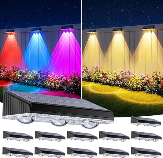 Solar Fence Lights Outdoor 12 Pack, Upgraded Brightness 3X LED Lens Fence Lights Solar Powered,9 Fixed Colors & RGB Lights, IP65 Waterproof Solar Lights for Outside Backyard/Railing/Step/Patio