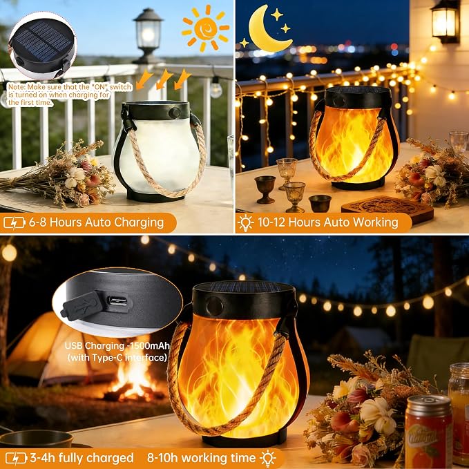 4 Pack Solar Lanterns Outdoor Waterproof, Flickering Flame Hanging Lanterns Decorative Outdoor with 2 Modes, Dual Charging USB & Solar-Powered Outdoors Lantern for Porch Yard Patio Tree Garden Decor