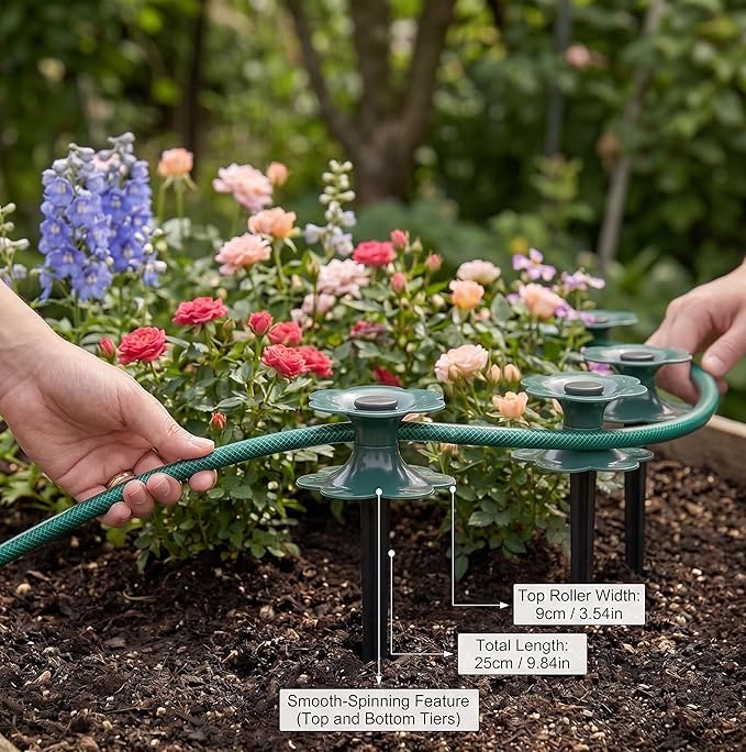 Roe & Moe 6‑Pack Garden Hose Guide Spikes – UV‑Resistant Smooth‑Spin Plastic Stake Anchors Keep Hoses Off Flower Beds, Plants, Yard & Lawn