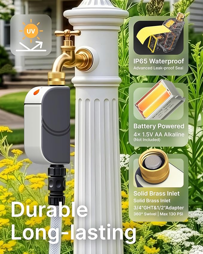 Smart Bluetooth Water Timer for Garden Hose, Heavy-Duty Brass Inlet Water Hose Timer Outdoor, Set & Forget Programmable Irrigation Controller with App, One-Button Manual Watering, IP65 Waterproof