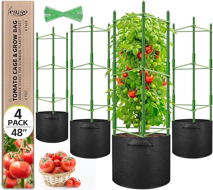 Legigo 4 Pack Tomato Cages with 10 Gallon Grow Bags- 48 Inch Tomato Trellis Planter Plant Support Stakes, Tomato Plant Cage Garden Trellis for Vertical Climbing Plants Vegetables Flowers Fruits