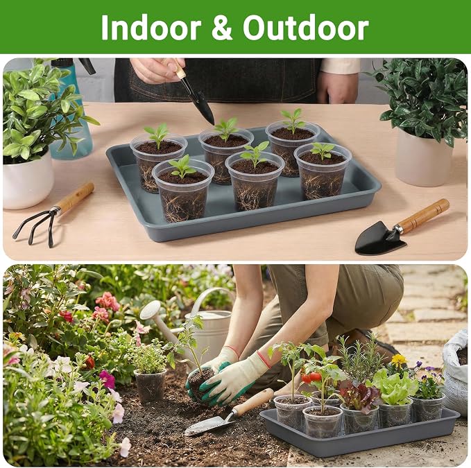 GREANER 13 Inch Plant Trays, Grey Pebble Tray for Plant Humidity, Rectangular Planter Saucers for Indoor Outdoor Plants(Pack of 3)