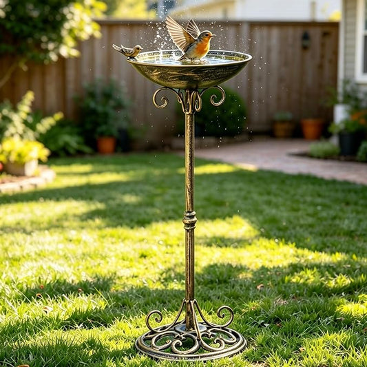 Diam 11.4" W*27.6" H Cast Iron Pedestal Bird Bath, Bird Baths for Outdoors, Seed Tray Garden Yard Decoration