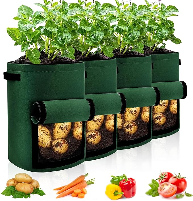 JJGoo 4 Pack Potato Grow Bags 10 Gallon with Flap, Heavy Duty Fabric with Handle and Harvest Window, Non-Woven Planter Pot Plant Garden Bags to Grow Vegetables Tomato, Blackish Green