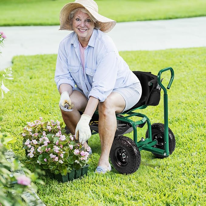 Byroce Rolling Garden Cart with Seat, Heavy Duty Wheelbarrow Utility Cart with Metal Frame, Swivel Seat, Tool Tray, Storage Basket & Adjustable Handle, Outdoor Garden Wagon Scooter for Yard (Green)