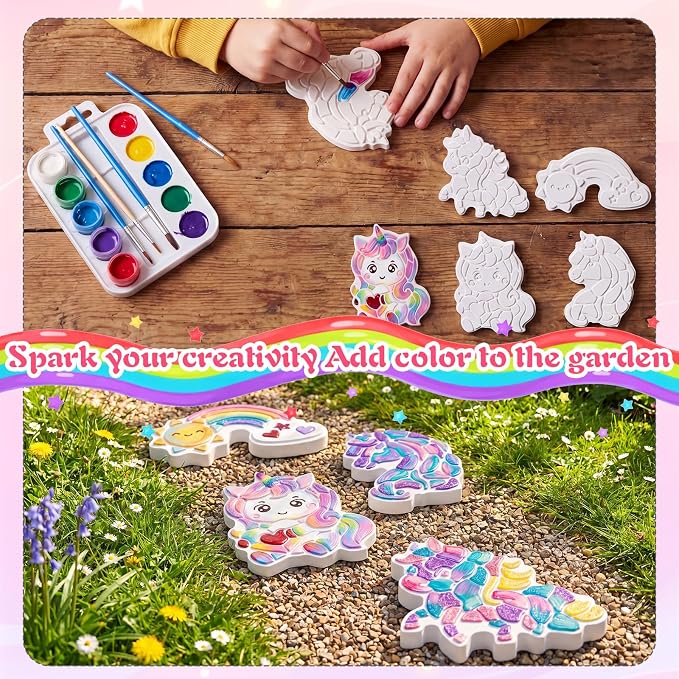 Lewtemi 16 Pcs Paint Your Own Stepping Stones for Craft, DIY Plaster Stepping Stones Garden Decor Painting Art Set for Art Class, Summer Activities & Home Decor (Unicorn)